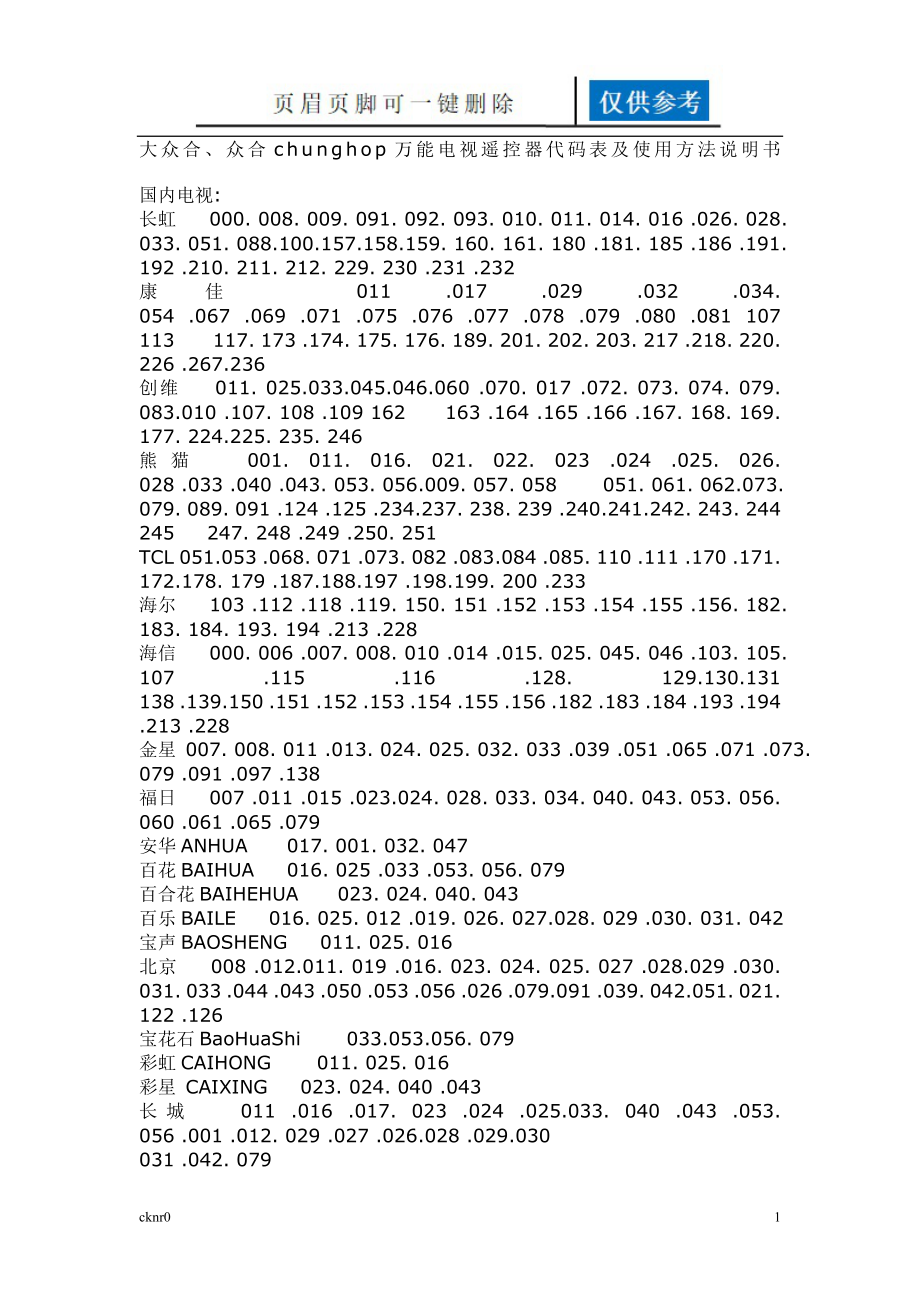 大眾合、眾合chunghop萬(wàn)能電視遙控器代碼表及使用方法說(shuō)明書(shū)【資料運(yùn)用】_第1頁(yè)