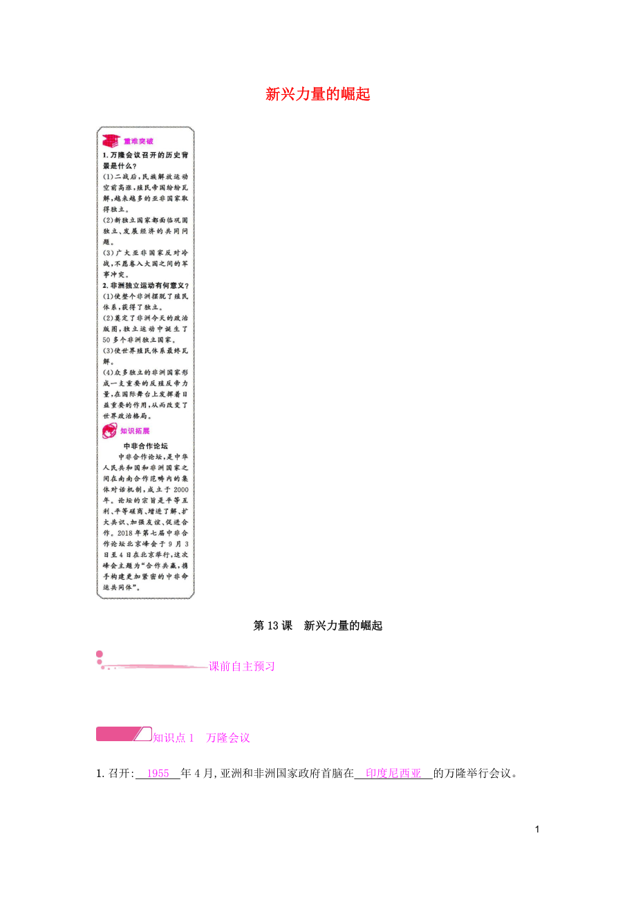 2019春九年級歷史下冊 第四單元 兩極格局下的世界 第13課 新興力量的崛起課時作業(yè) 北師大版_第1頁