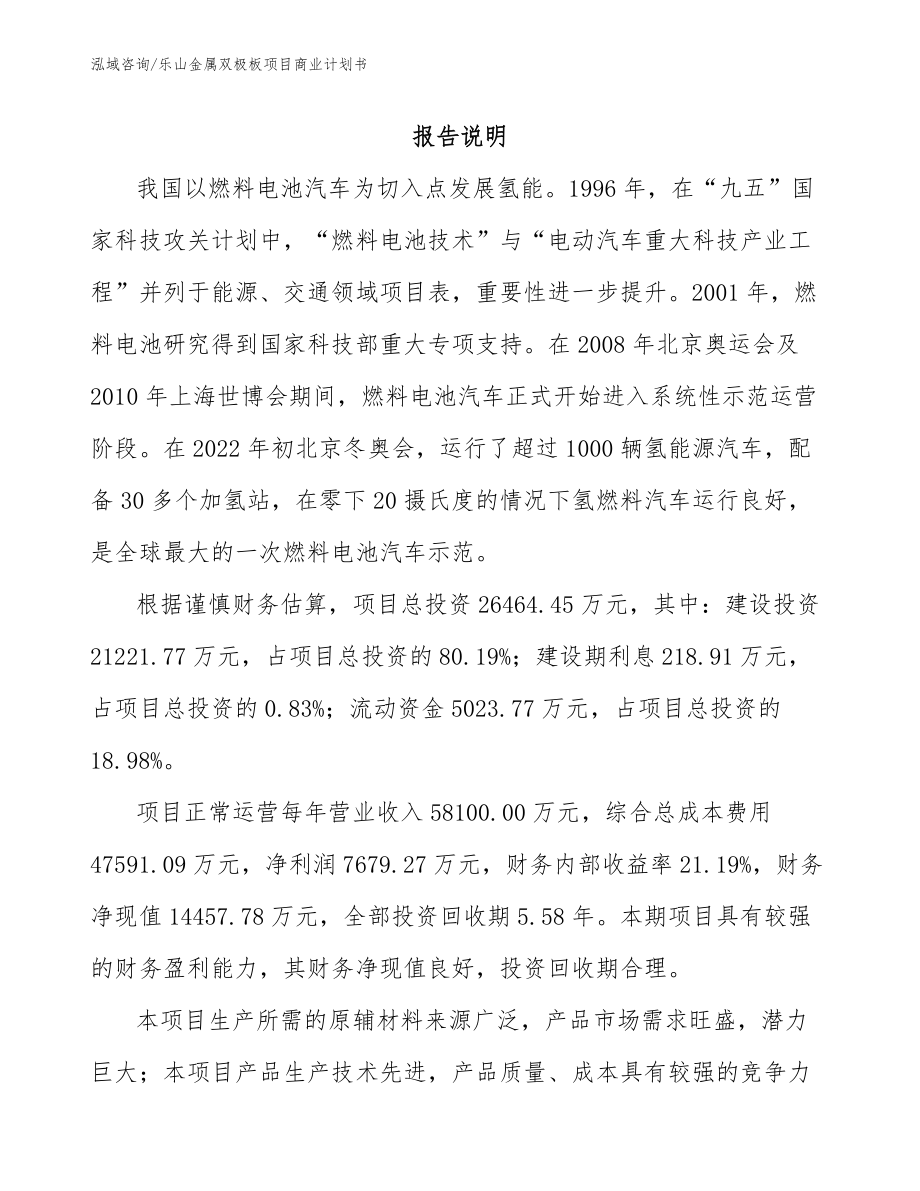 乐山金属双极板项目商业计划书_第1页