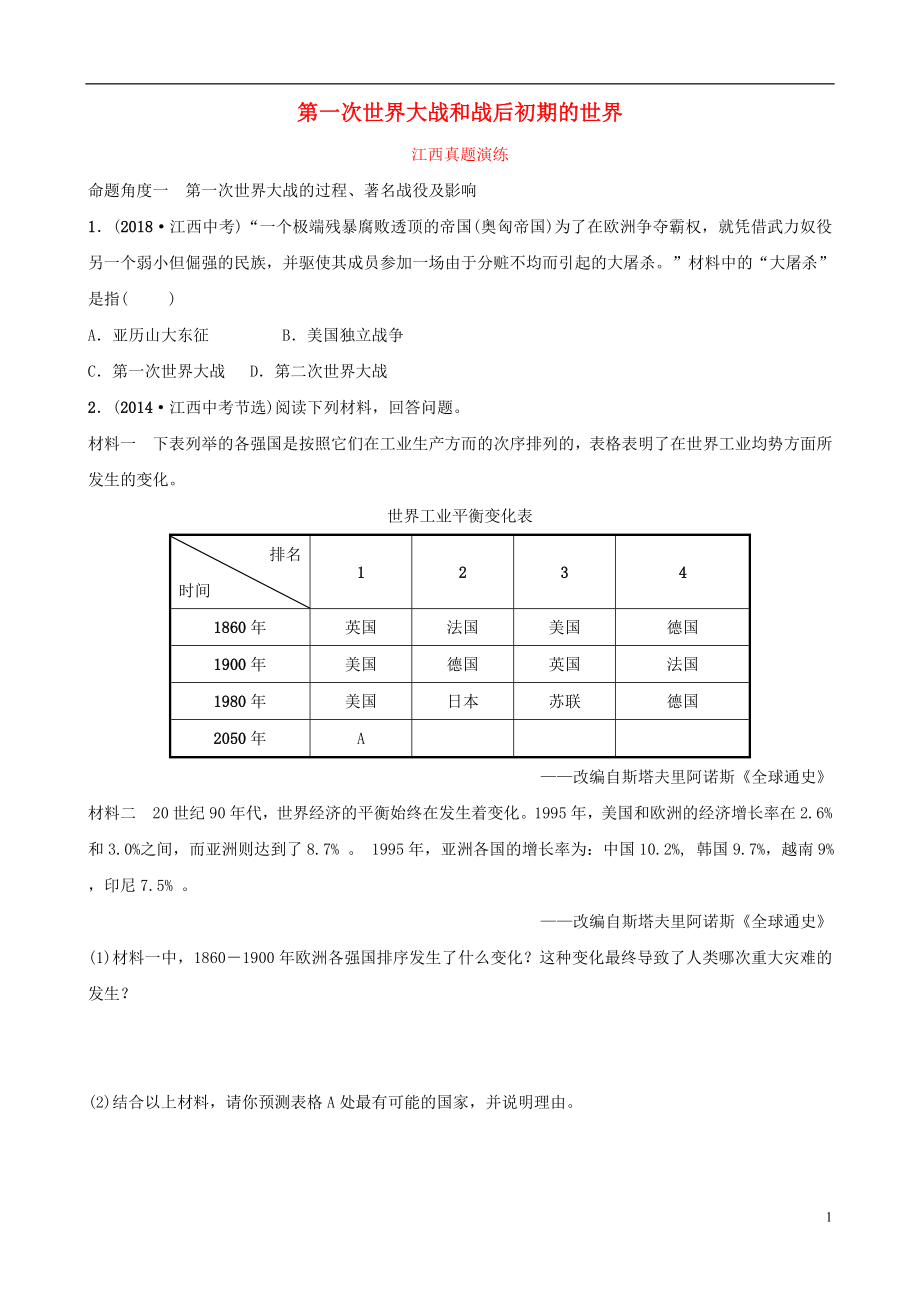 江西省2019年中考歷史總復習 模塊六 主題一 第一次世界大戰(zhàn)和戰(zhàn)后初期的世界真題演練_第1頁