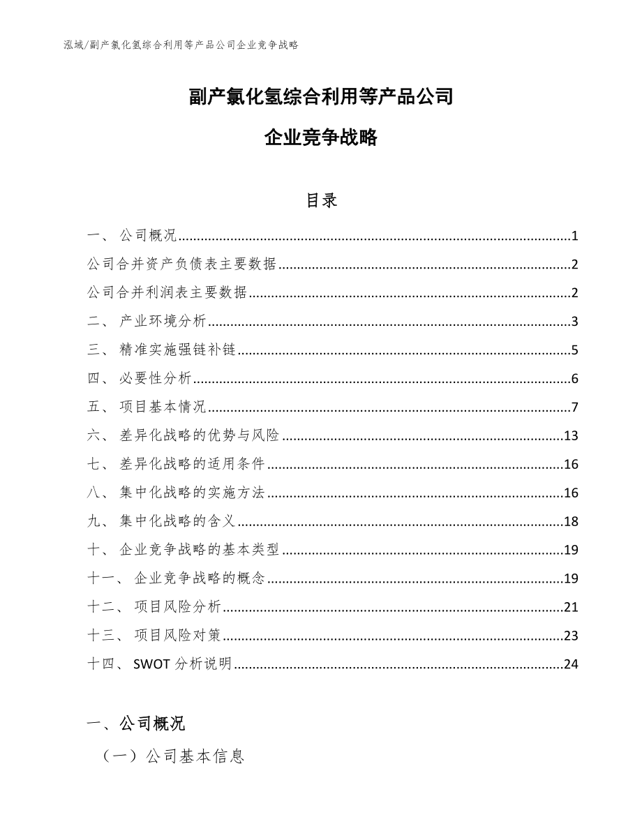 副产氯化氢综合利用等产品公司企业竞争战略_范文_第1页