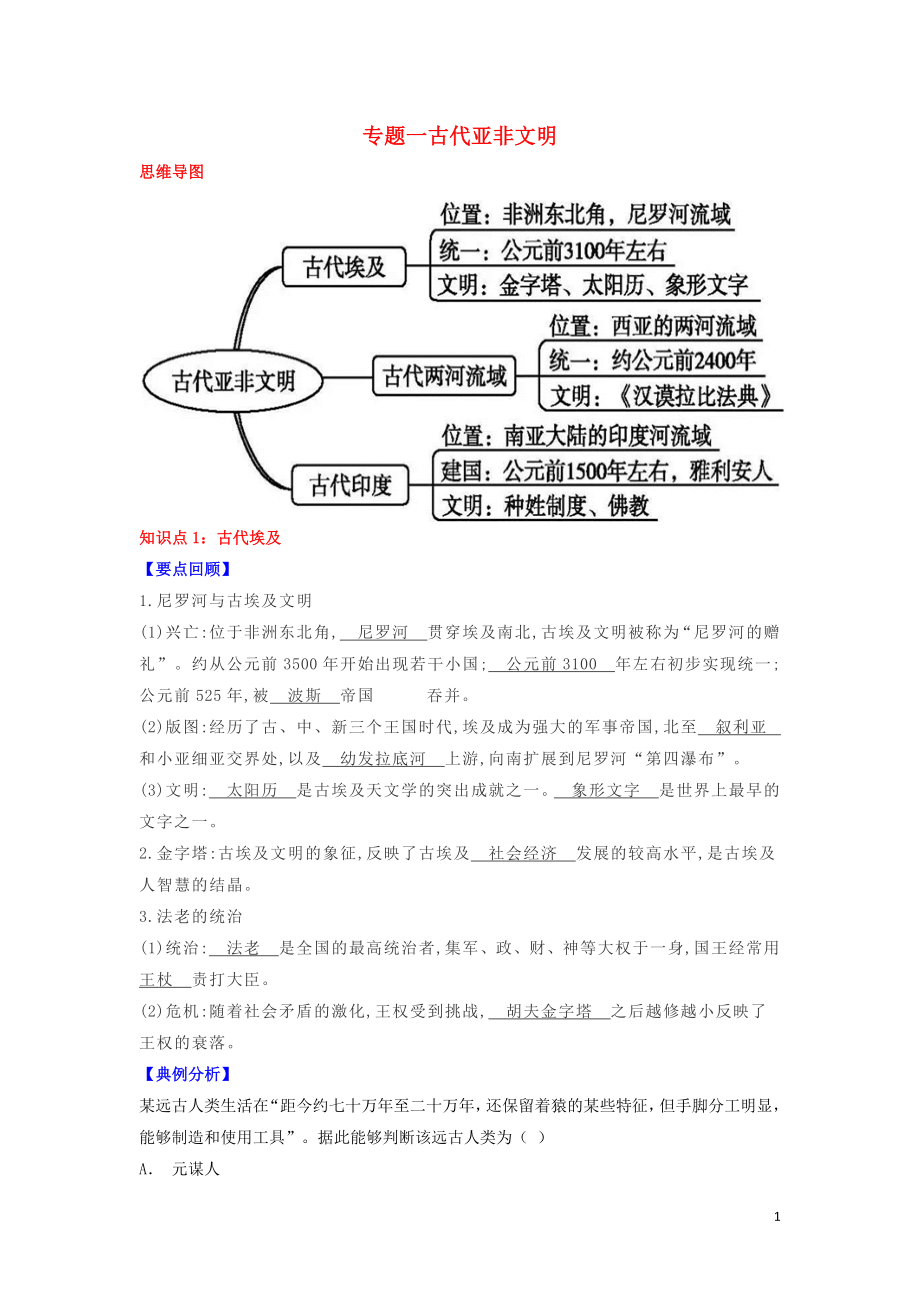 2018-2019學(xué)年九年級(jí)歷史上學(xué)期期末考試備考復(fù)習(xí) 專(zhuān)題一 古代亞非文明（第一單元 古代亞非文明 第1、2、3課）試題（含解析） 新人教版_第1頁(yè)