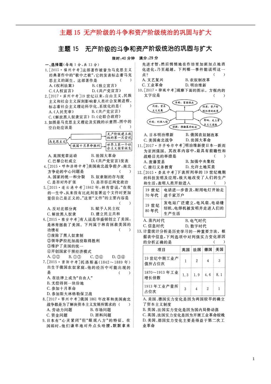 山東省泰安市2018中考歷史專題復習 主題15 無產(chǎn)階級的斗爭和資產(chǎn)階級統(tǒng)治的鞏固與擴大提分訓練（掃描版）_第1頁