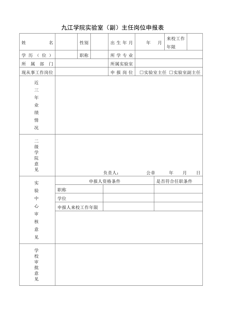 九江学院实验室（副）主任岗位申报表_第1页