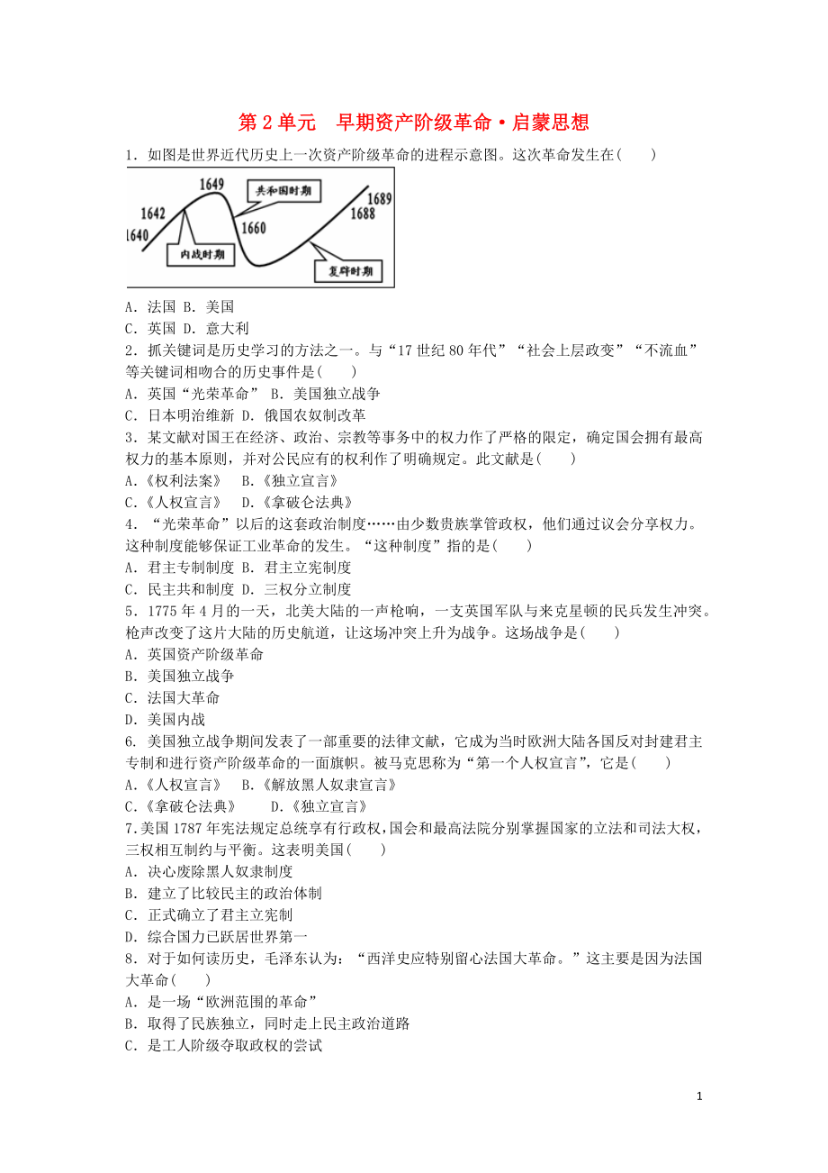 廣東省深圳市2018年中考?xì)v史總復(fù)習(xí) 第1輪 單元過關(guān) 夯實(shí)基礎(chǔ) 模塊五 世界近代史 第2單元 早期資產(chǎn)階級(jí)革命 啟蒙思想練習(xí)_第1頁(yè)