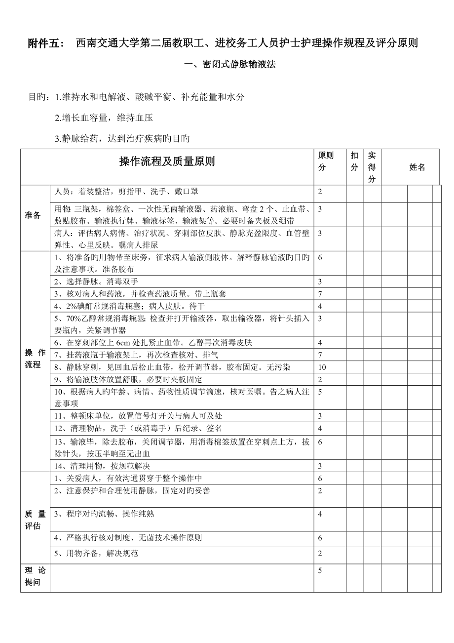 进校务工人员护士护理操作专题规程及评分重点标准西南交通大_第1页