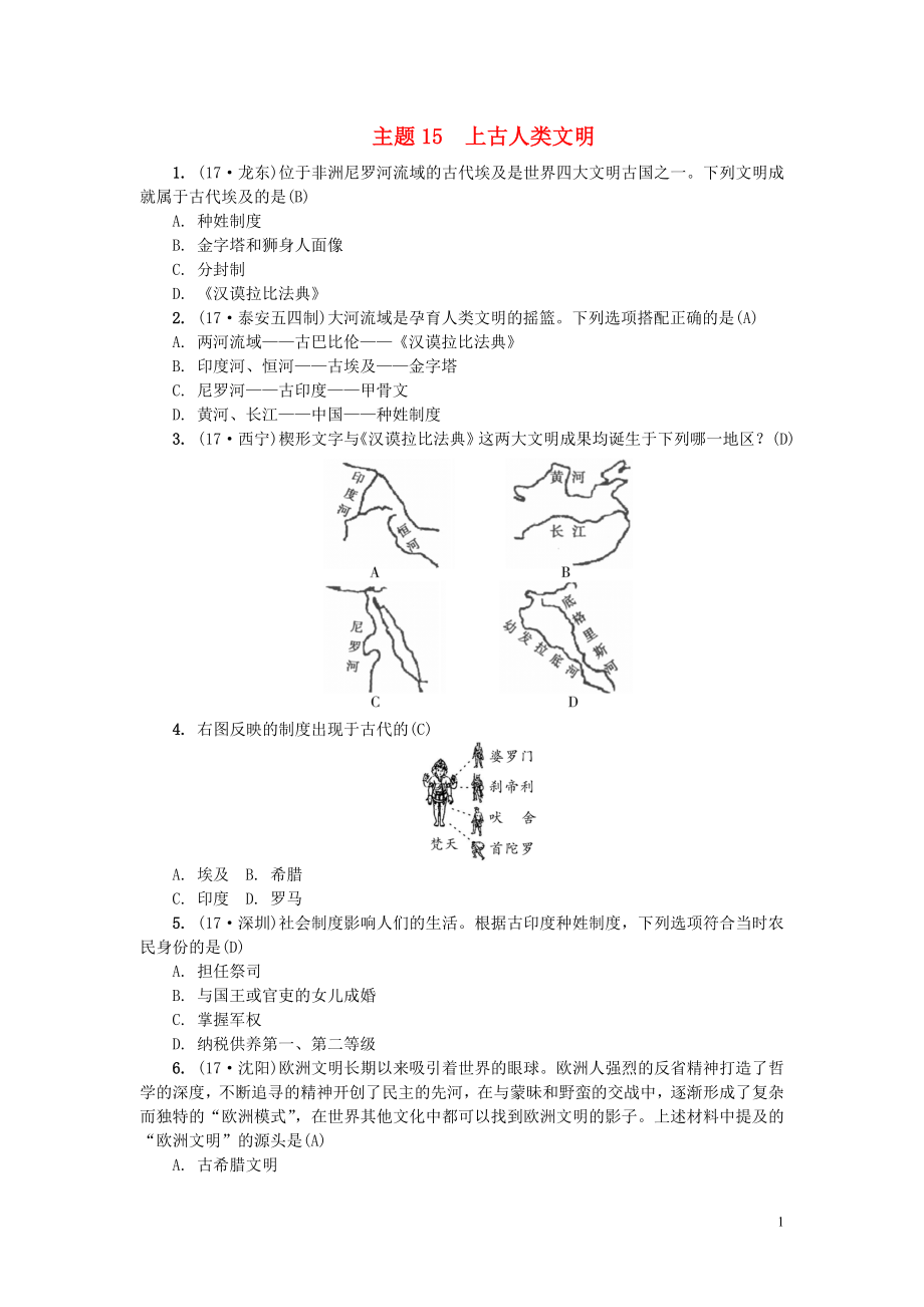 （山西地區(qū)）2018年中考?xì)v史總復(fù)習(xí) 主題15 上古人類(lèi)文明練習(xí)_第1頁(yè)