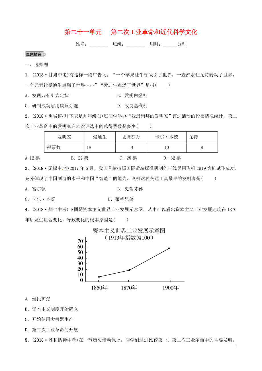 山東省德州市2019中考?xì)v史總復(fù)習(xí) 第六部分 世界現(xiàn)代史 第二十一單元 第二次工業(yè)革命和近代科學(xué)文化優(yōu)選練_第1頁(yè)