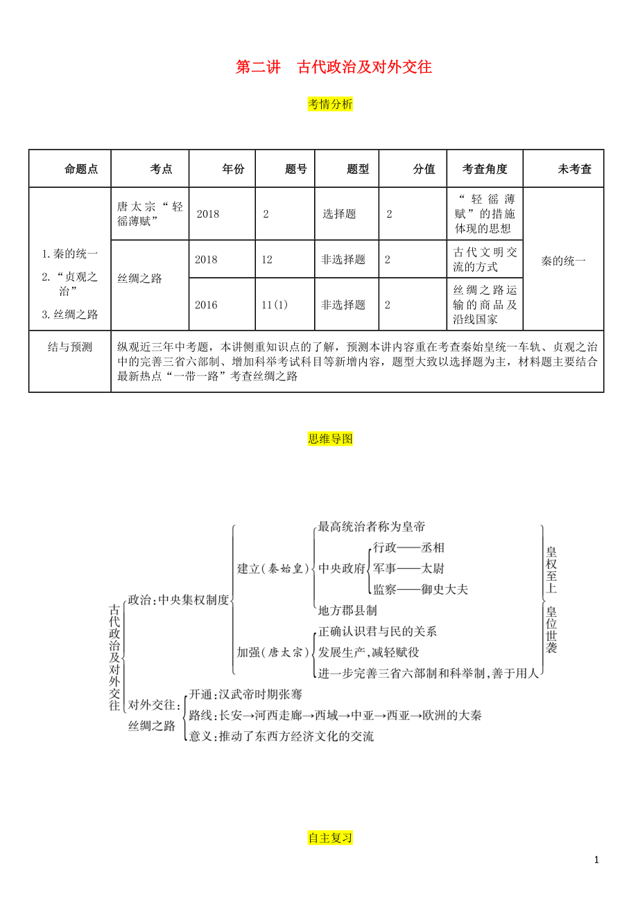 （宜賓專版）2019屆中考?xì)v史總復(fù)習(xí) 第一編 教材考點(diǎn)速查 第一部分 中國古代史 第二講 古代政治及對外交往試題_第1頁