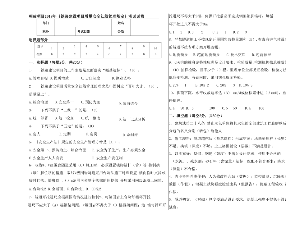 《鐵路建設(shè)項(xiàng)目質(zhì)量安全紅線管理規(guī)定》的考試試卷_第1頁