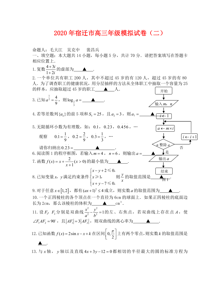 江苏省宿迁市高三精编数学猜题押题卷二_第1页