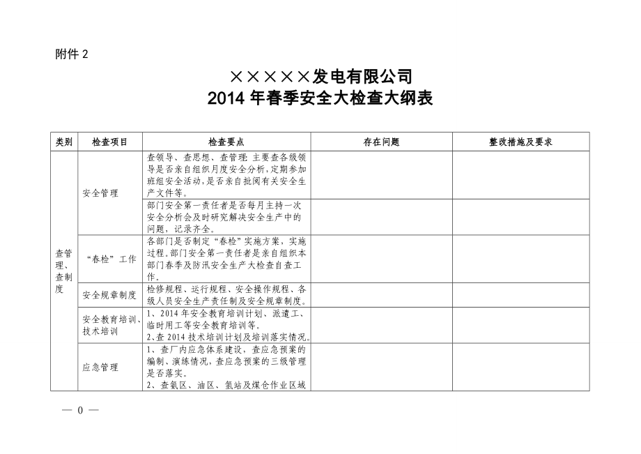 發(fā)電有限公司 2014年春季安全大檢查大綱表1_第1頁(yè)