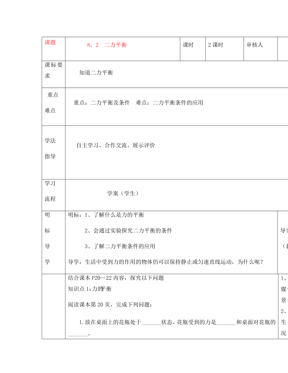 安徽省阜阳市太和县胡总中心学校八年级物理下册8.2二力平衡导学案无答案新版新人教版_第1页