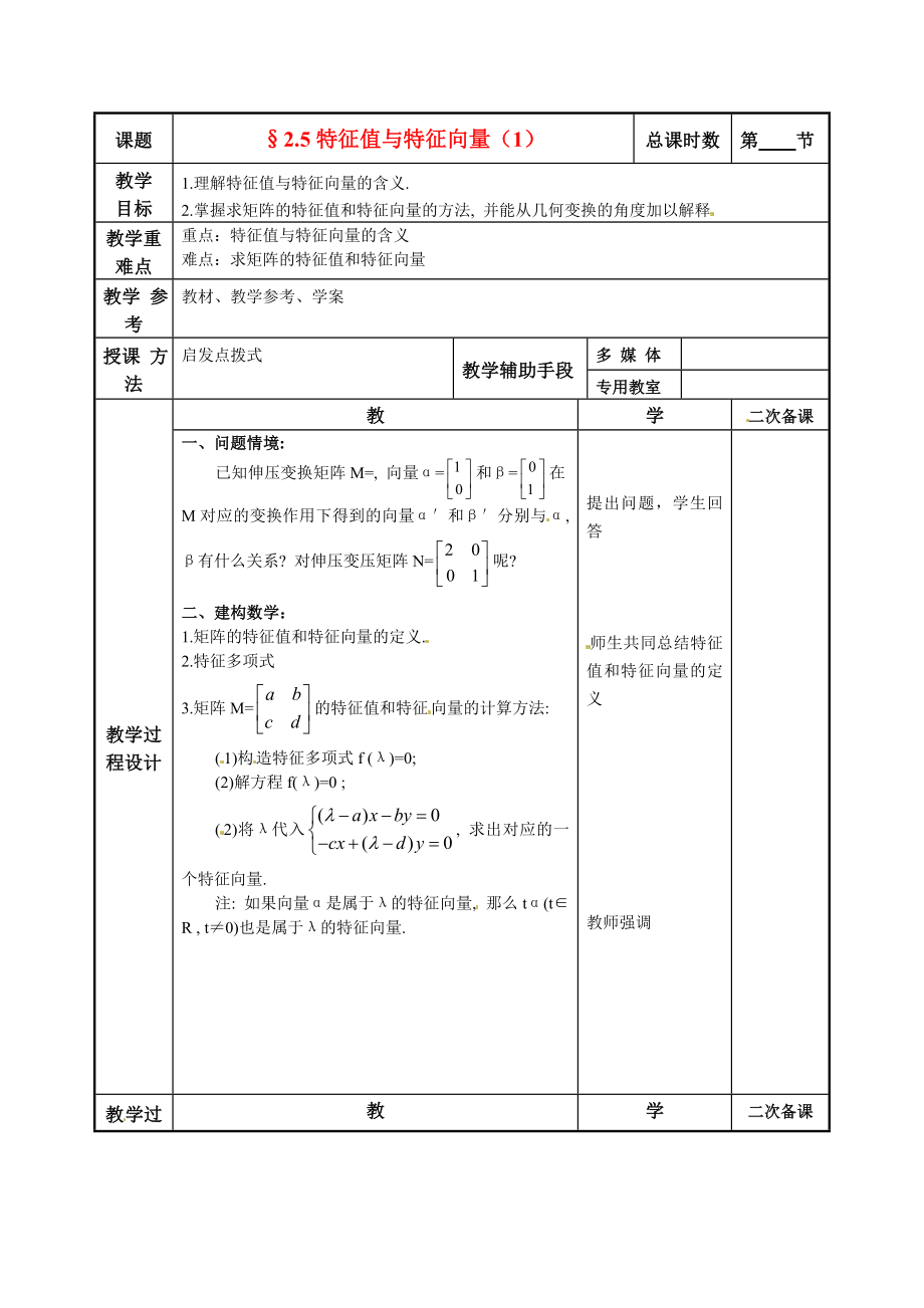 江苏省徐州市建平中学高二数学2.5特征值与特征向量1教案_第1页