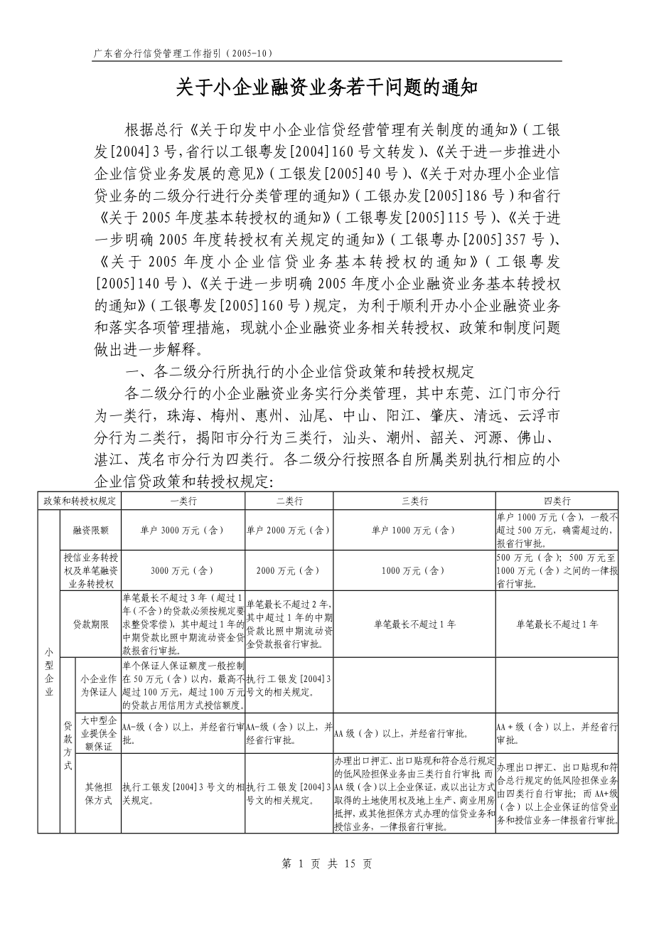 广东省分行信贷管理工作指引(2005—10)关于小企业融资业务若干问题的通知_第1页