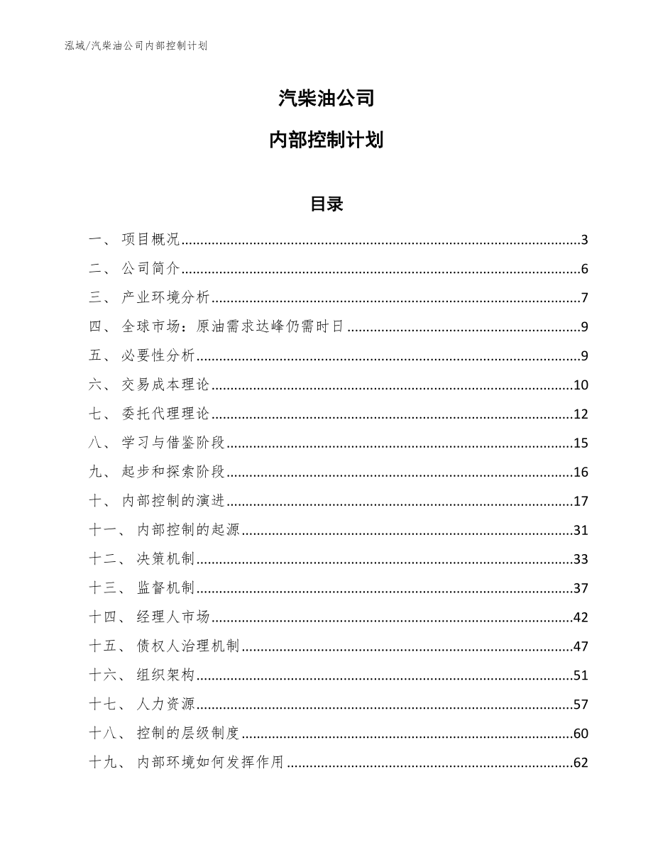 汽柴油公司内部控制计划（范文）_第1页