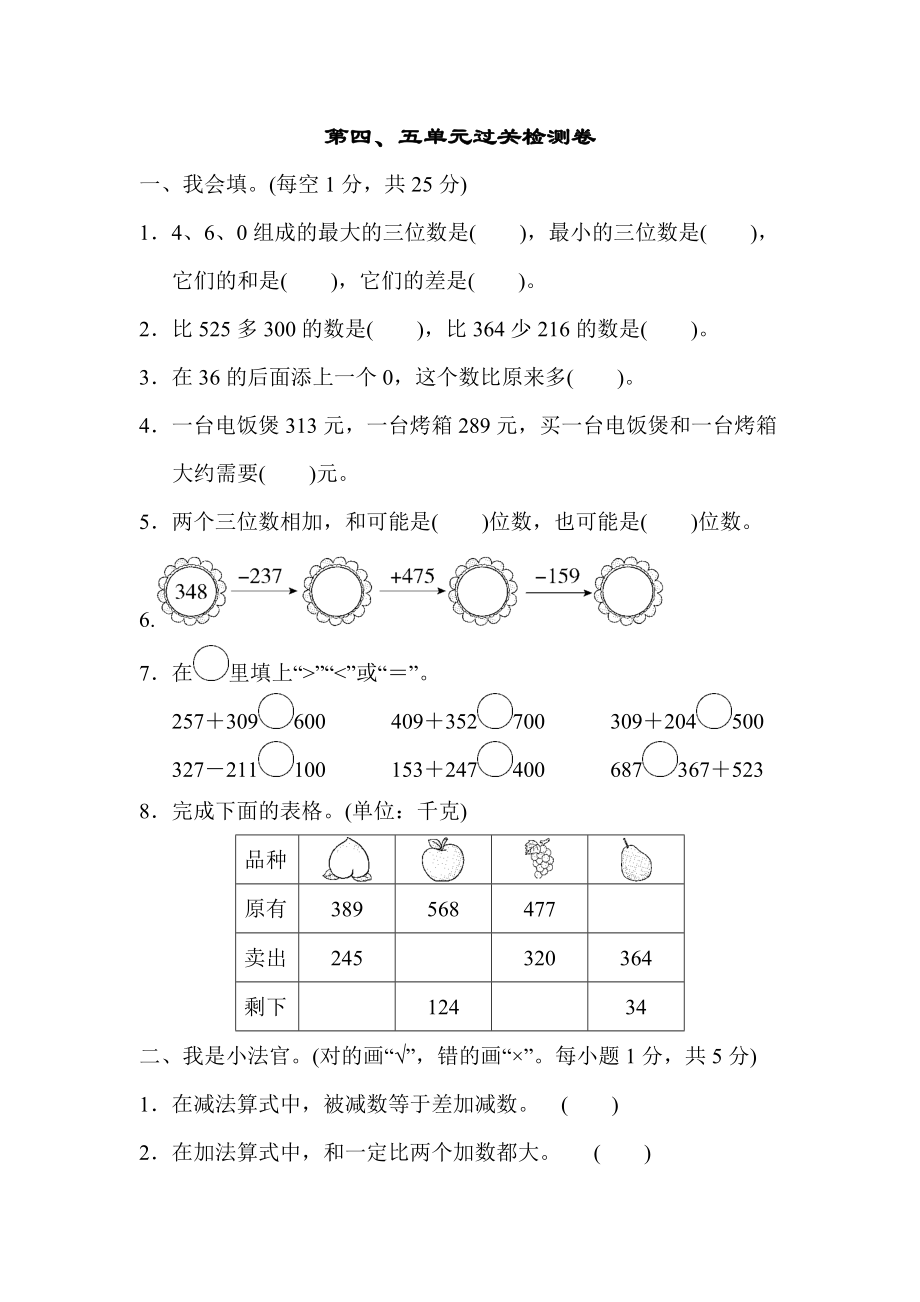 青島版二年級下冊數(shù)學(xué) 第四、五單元過關(guān)檢測卷_第1頁