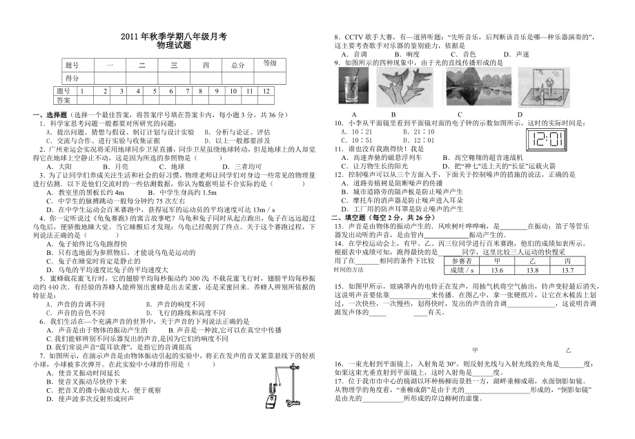 八年级物理月考试题_第1页