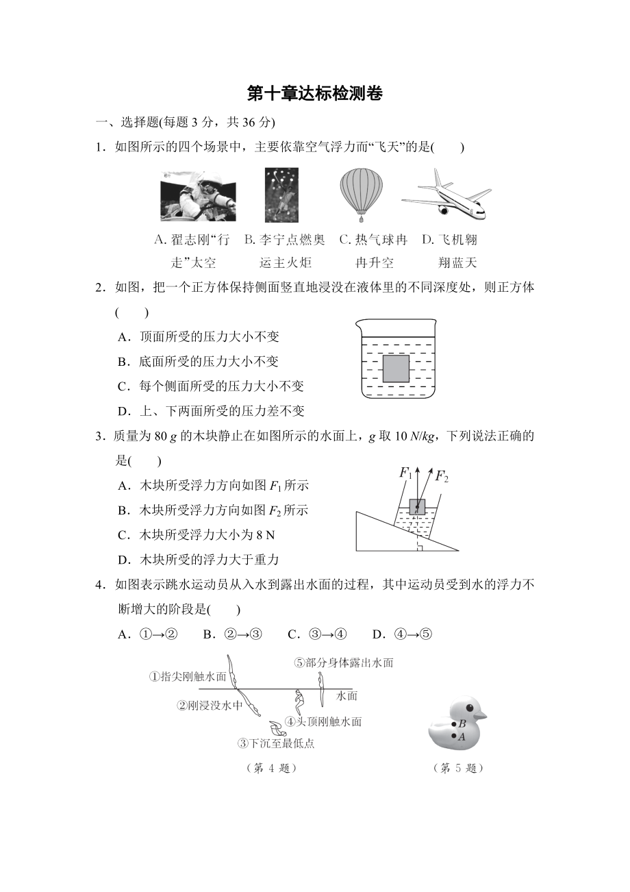 人教版八年級下冊物理 第十章達標檢測卷_第1頁