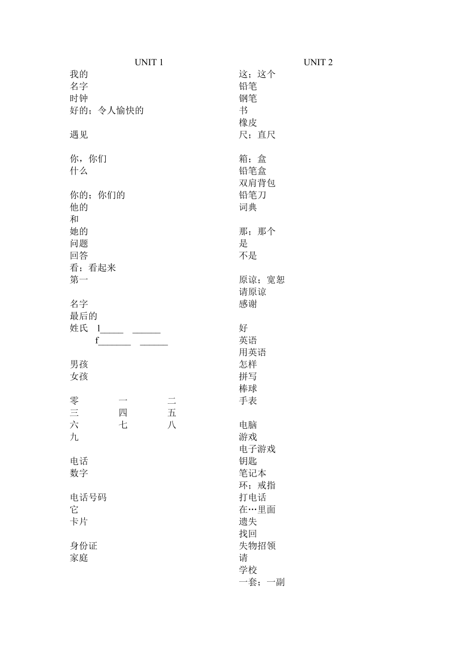 七年级英语上册词汇表(中文)_第1页