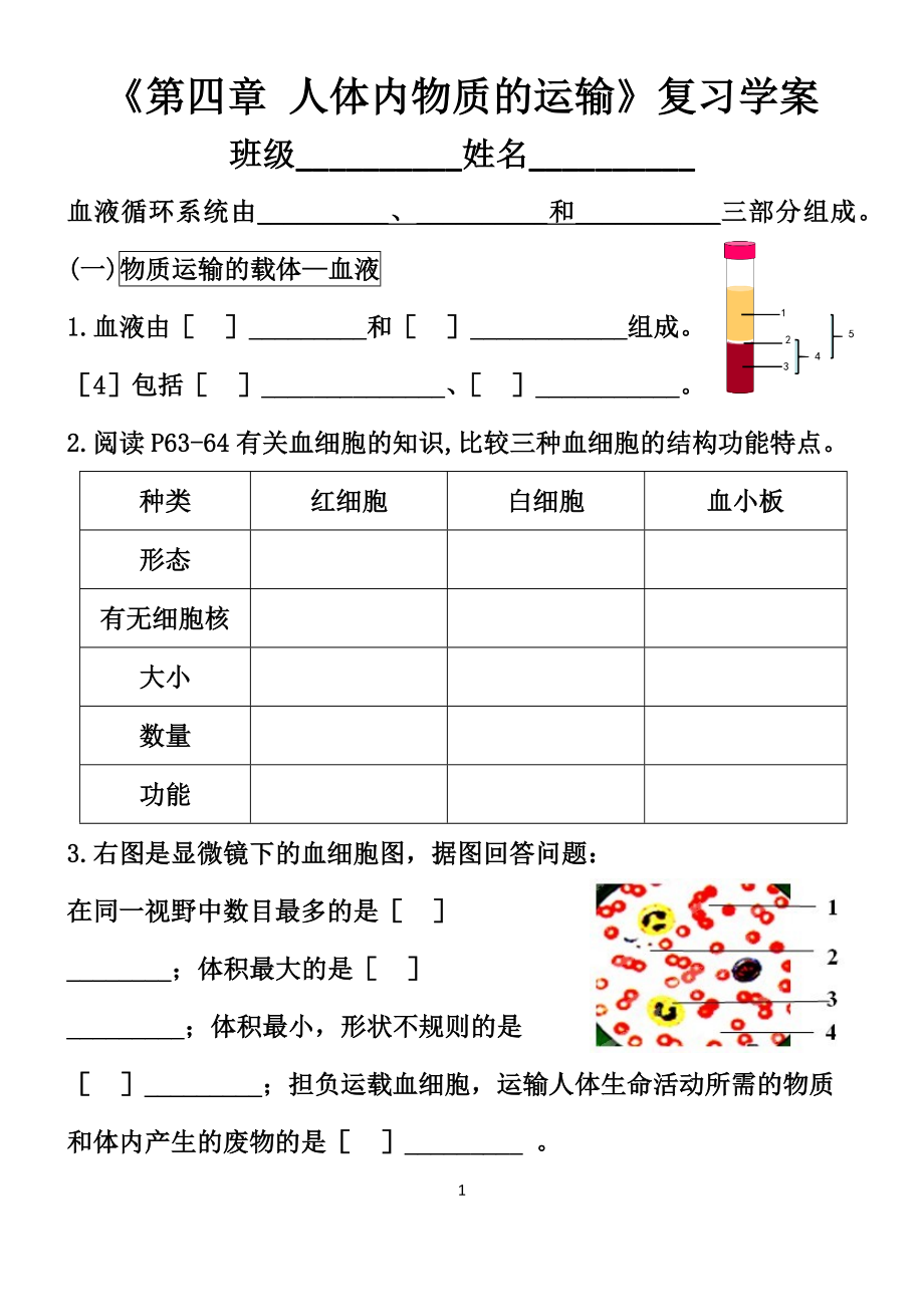 《第四章 人體內(nèi)物質(zhì)的運輸》復(fù)習(xí)學(xué)案_第1頁