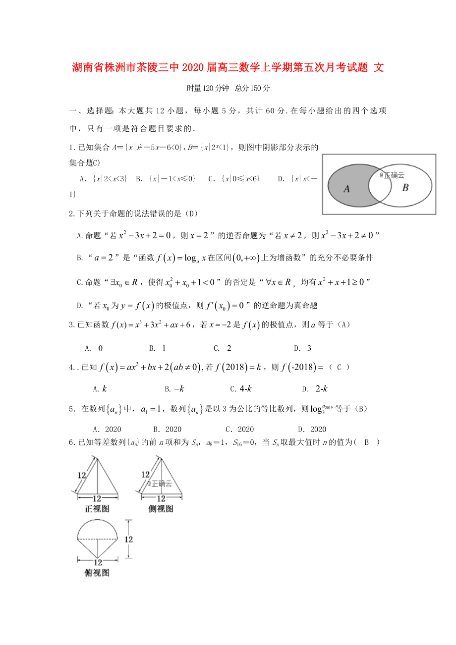 湖南省株洲市茶陵三中高三数学上学期第五次月考试题文_第1页