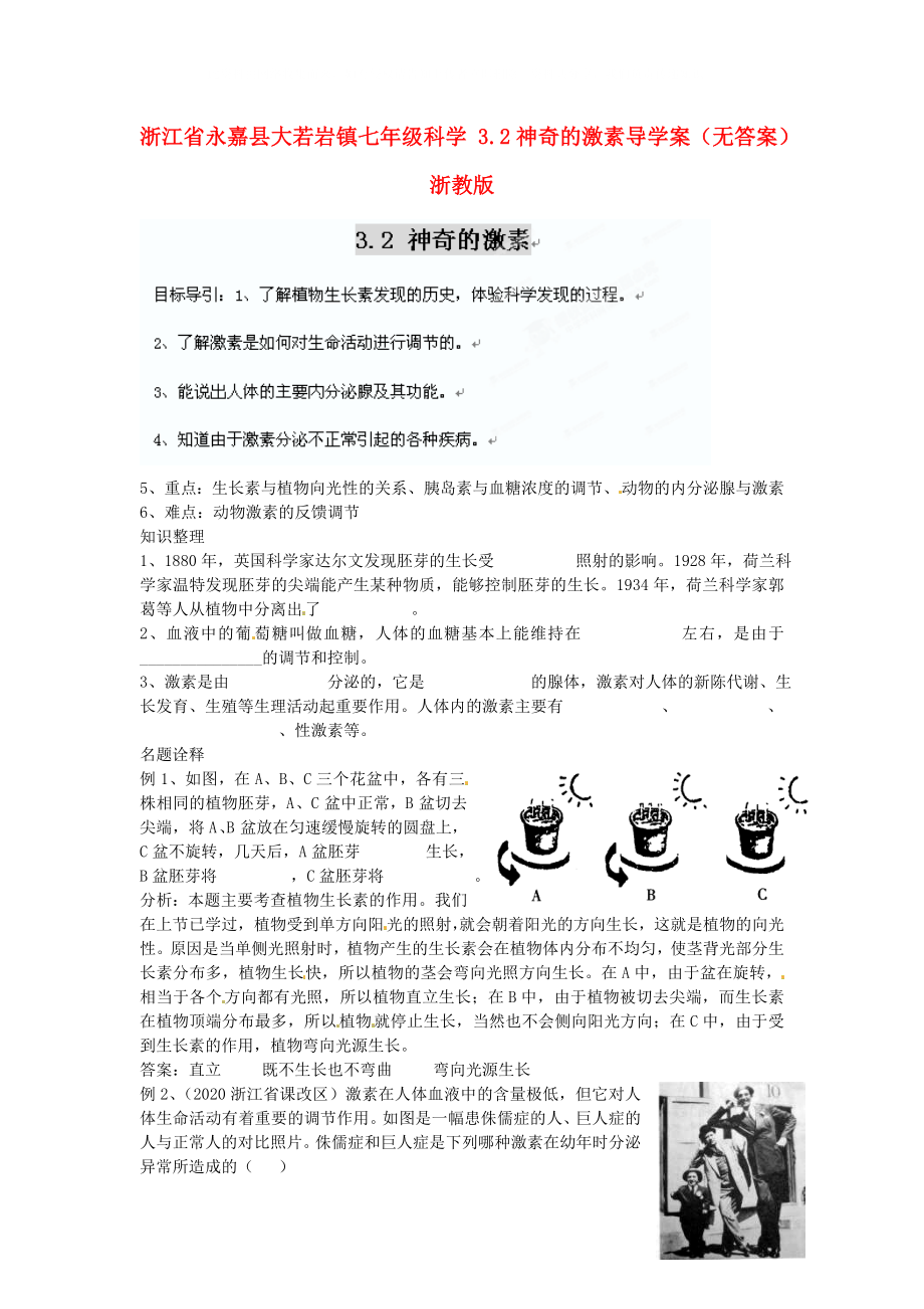 浙江省永嘉縣大若巖鎮(zhèn)七年級科學3.2神奇的激素導學案無答案浙教版_第1頁