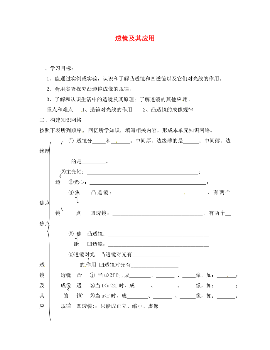 福建省泉州市东海中学八年级物理上册第三章透镜及其应用单元复习导学案无答案新人教版_第1页