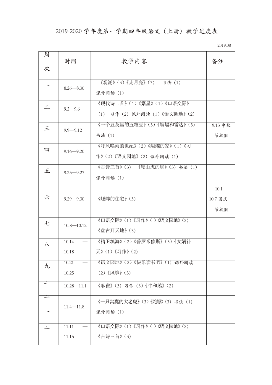 部編版2019年秋四年級(jí)語(yǔ)文上冊(cè) 教學(xué)進(jìn)度表_第1頁(yè)