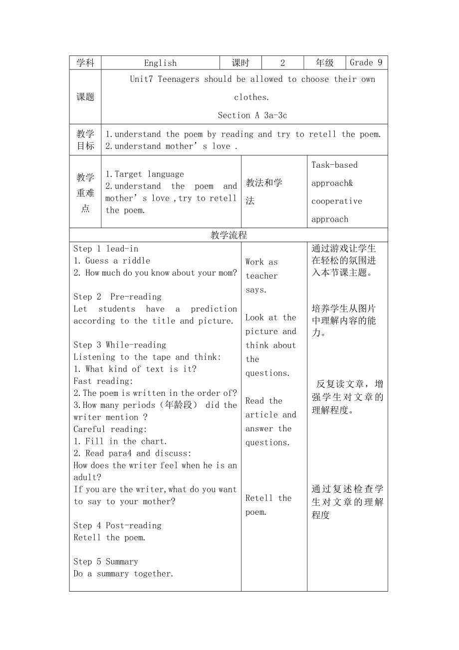 人教版九年級(jí)英語(yǔ)全一冊(cè) Unit 7 Teenagers should be allowed to choose their own clothes.Section A 3a-3c 表格式教案_第1頁(yè)