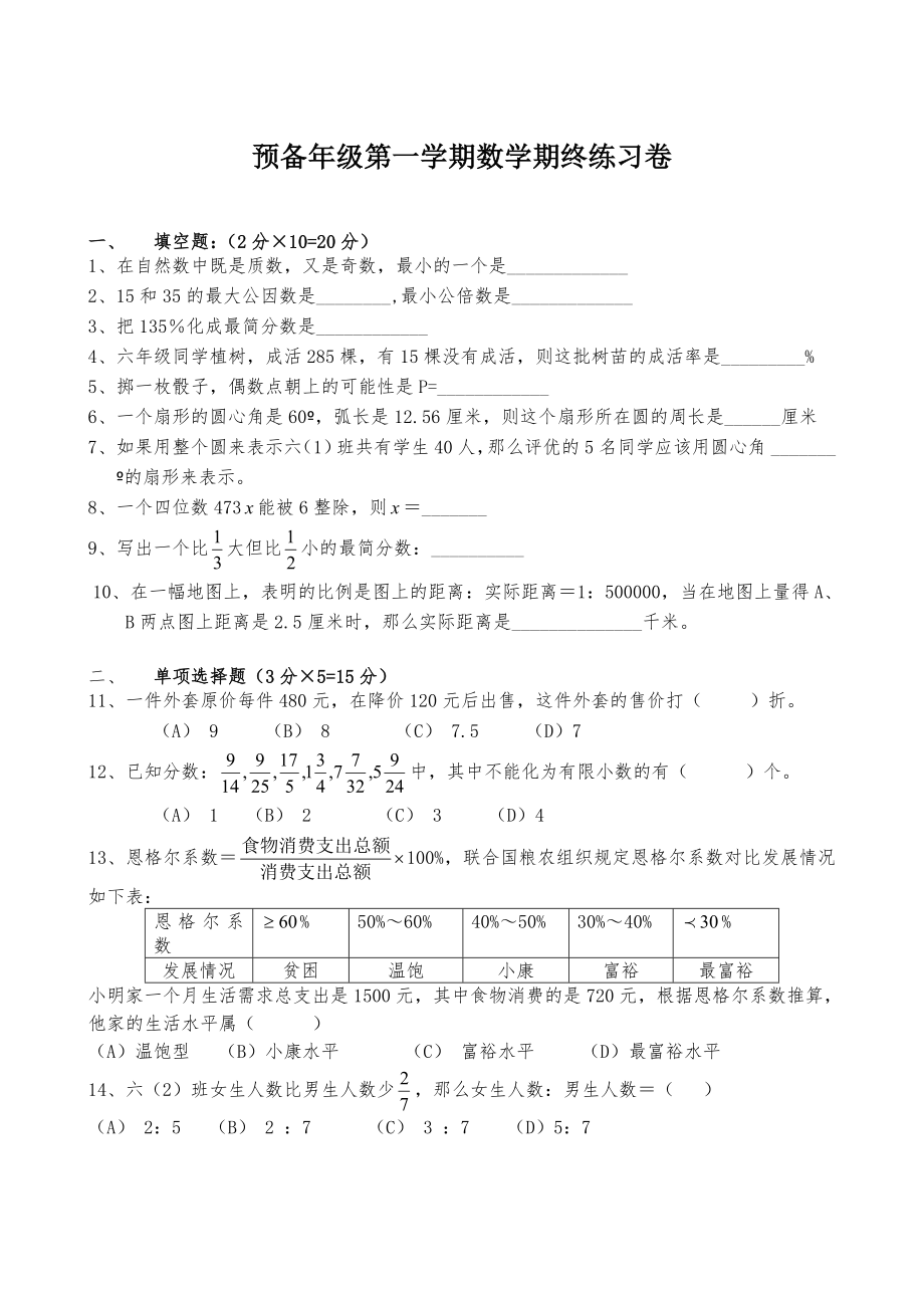 上海六年级第一学期数学期终练习卷_第1页