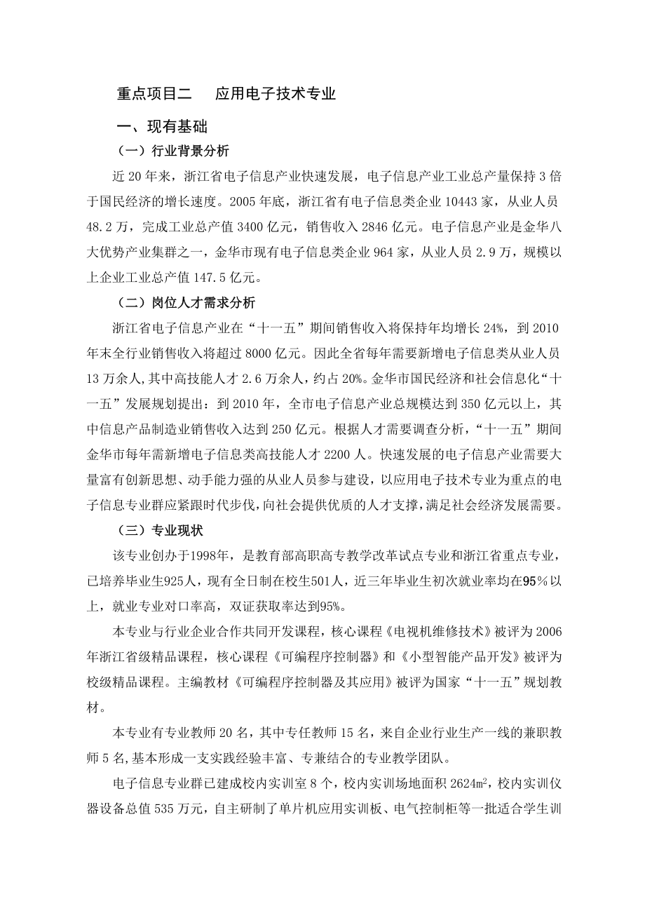 金华职业技术学院国家示范性高等职业院校建设方案重点项目二 应用电子技术专业_第1页