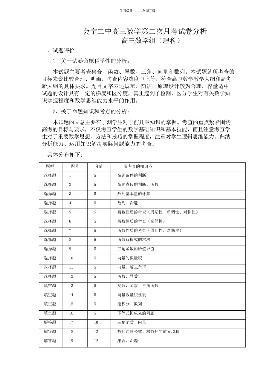 高三数学第二次月考试卷分析(理科)_第1页