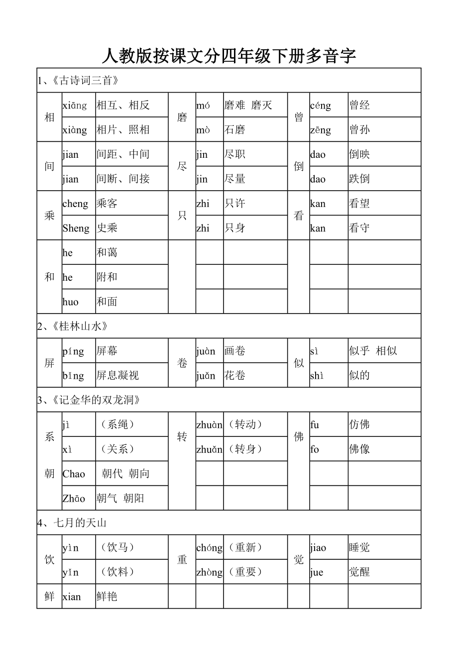 人教版按课文分四年级下册多音字_第1页