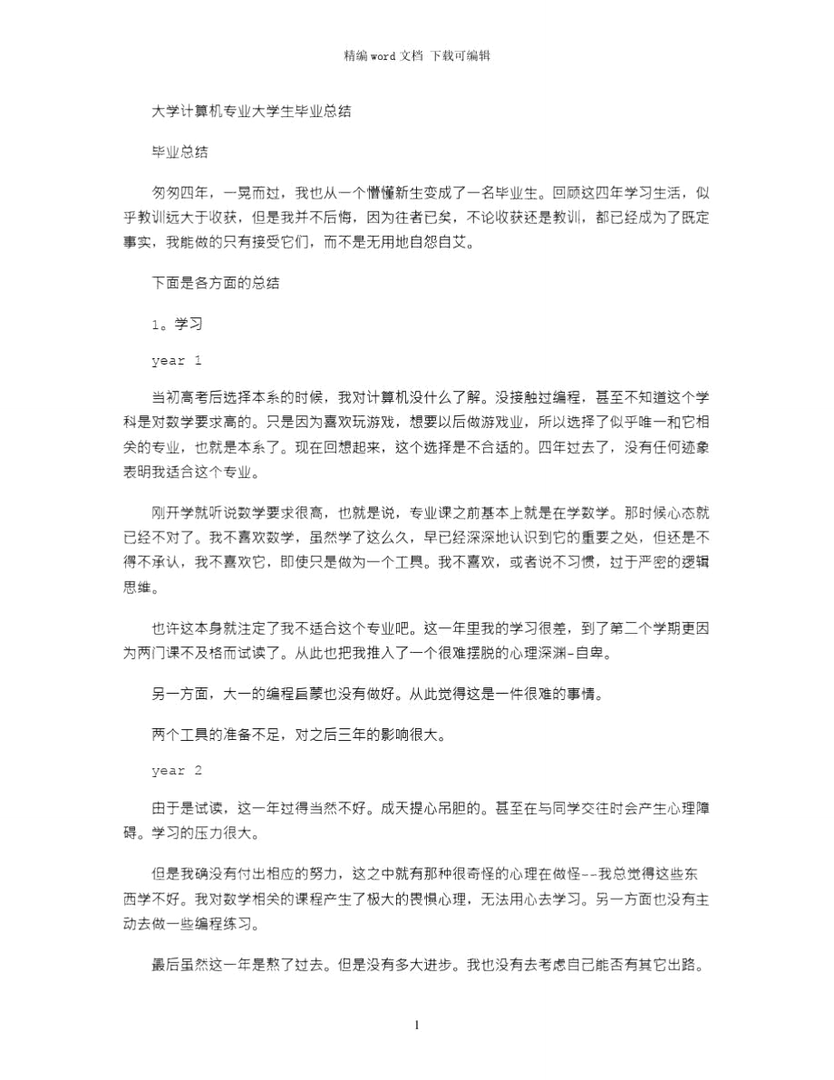 大学计算机专业大学生毕业总结word版_第1页