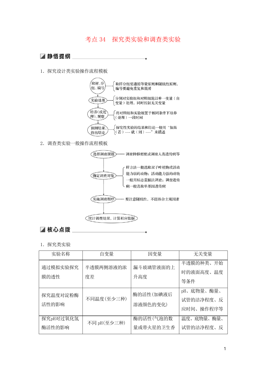 高考生物二輪復(fù)習(xí) 專題十二 教材基礎(chǔ)實驗 考點34 探究類實驗和調(diào)查類實驗學(xué)案(復(fù)習(xí)專用)_第1頁