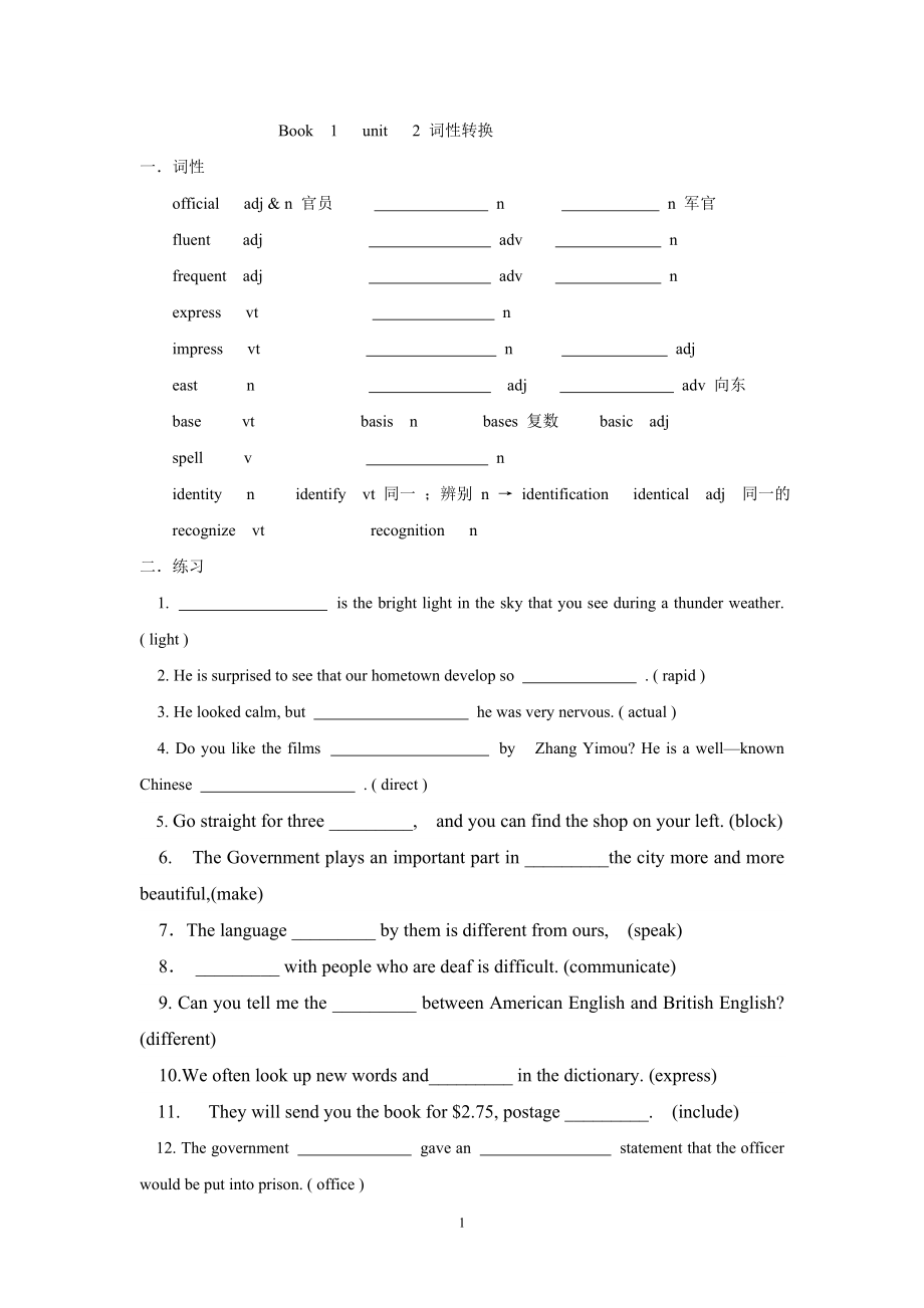 Book1 unit 2 詞性轉(zhuǎn)換_第1頁