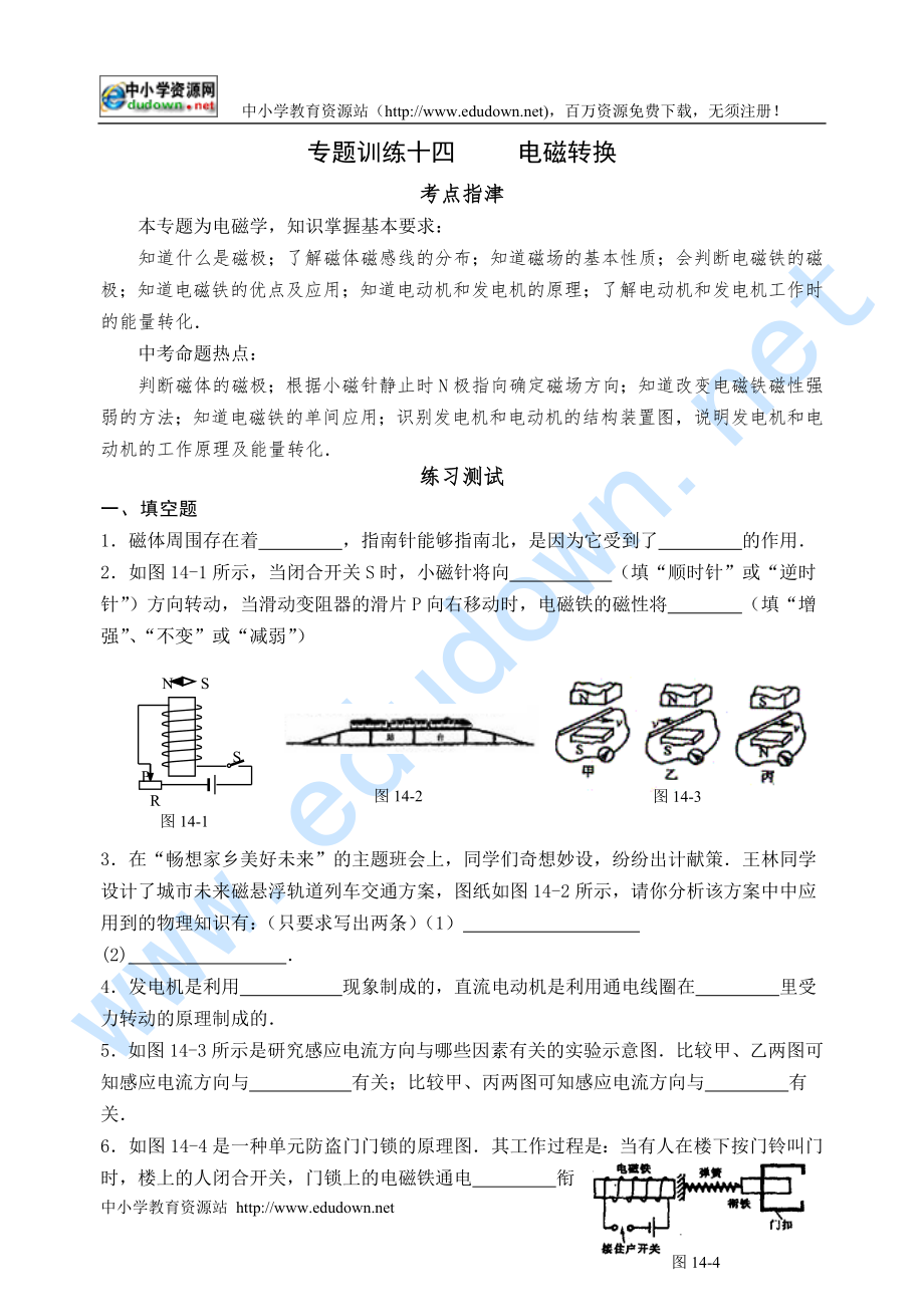 中考指要物理 專題訓(xùn)練十四 電磁轉(zhuǎn)換_第1頁