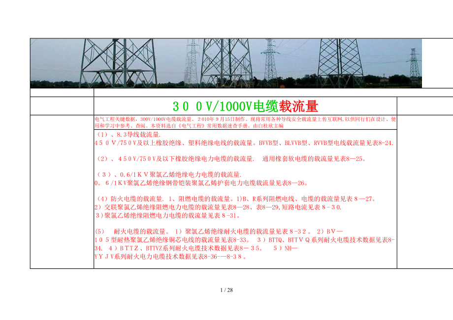 300V1000V电缆载流量_第1页