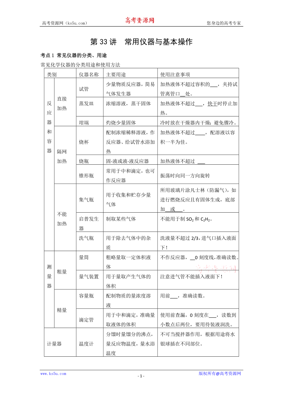 2010高三化學(xué)知識(shí)點(diǎn)詳解大全——第33講《常用儀器與基本操作》_第1頁