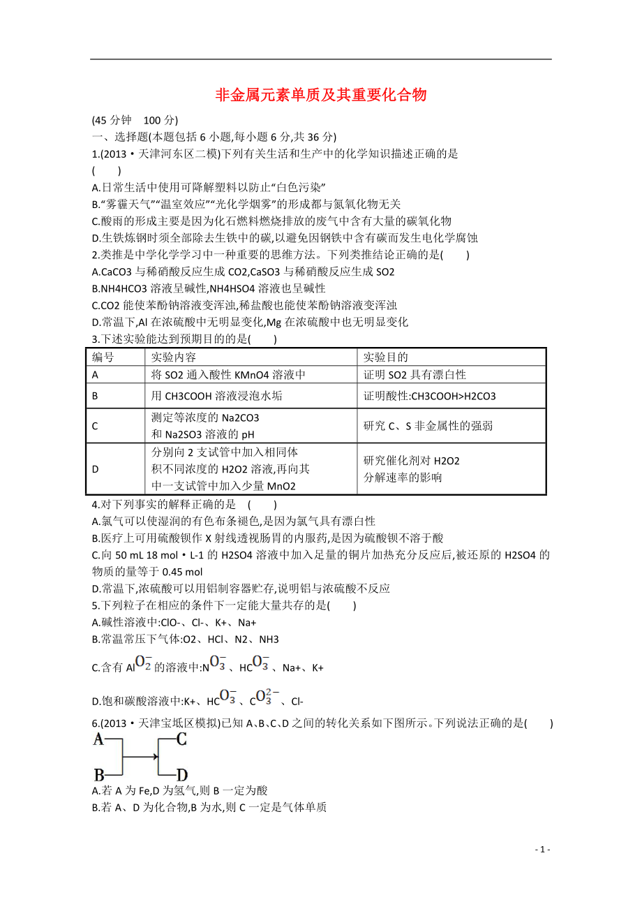 (江西专用)2015届高三化学二轮复习专项检测题6 非金属元素单质及其重要化合物_第1页