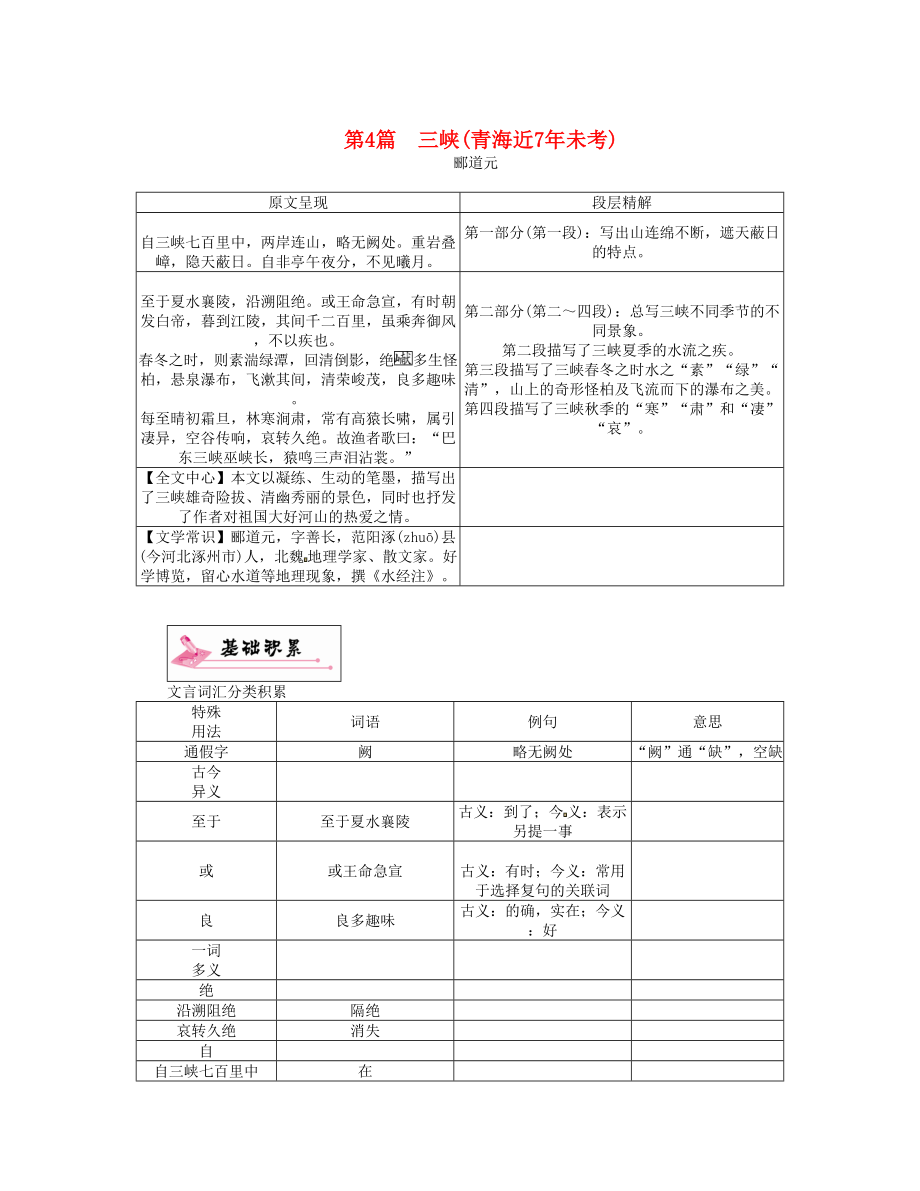 青海省中考语文复习教材知识梳理专题三八上第二节重点文言文解析第4篇三峡_第1页