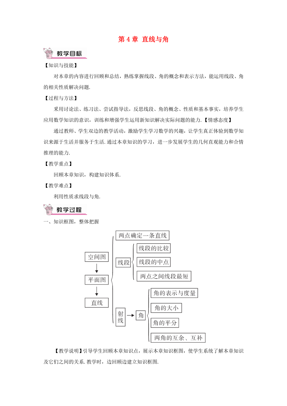 七年级数学上册第4章直线与角本章复习教案新版沪科版新版沪科版初中七年级上册数学教案_第1页