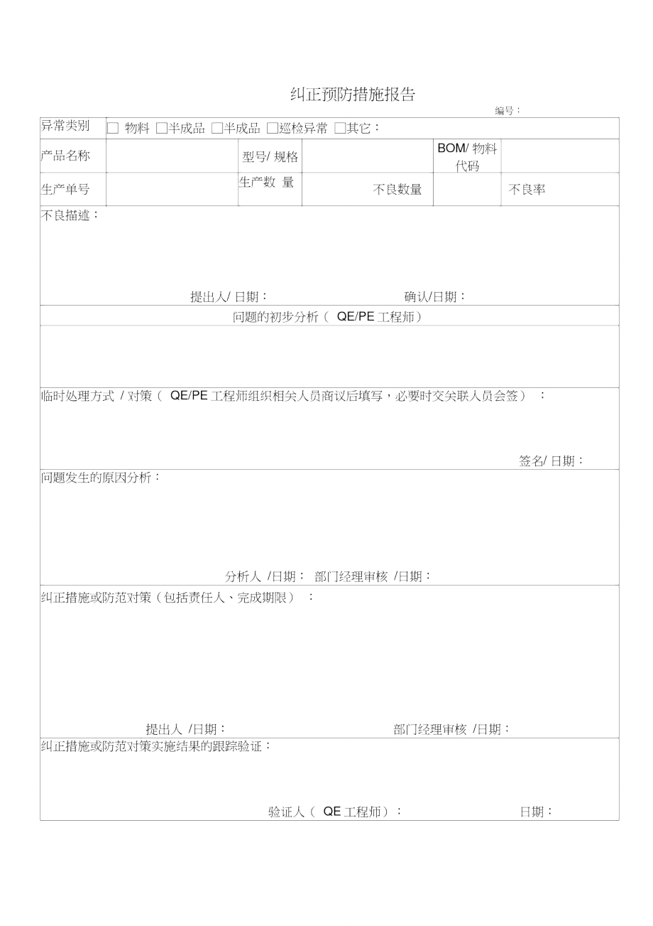 纠正预防措施报告模板_第1页