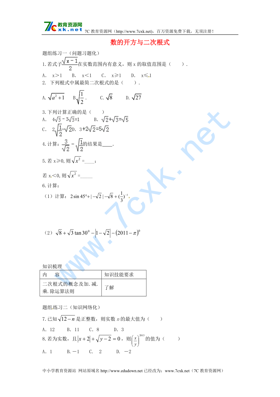 山西省陽泉市中考數(shù)學(xué)一輪復(fù)習(xí) 專題6 數(shù)的開方與二次根式_第1頁