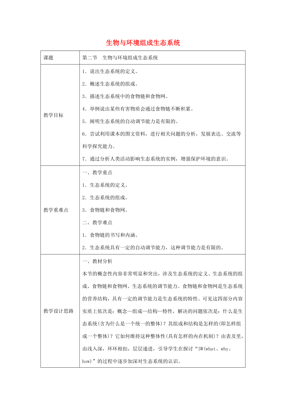 七年级生物上册1.2.2生物与环境组成生态系统教案2新版新人教版新版新人教版初中七年级上册生物教案_第1页