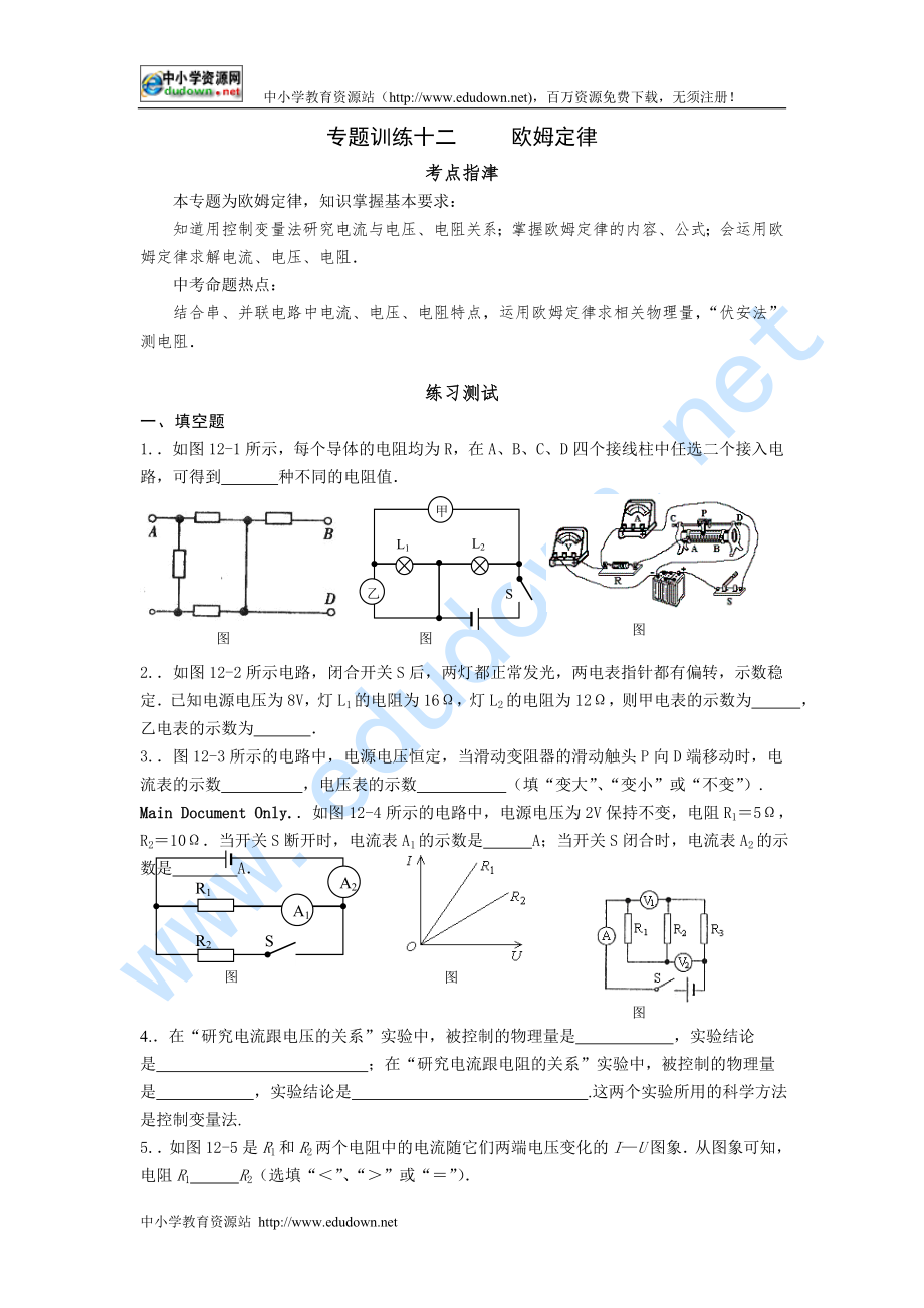 中考指要物理 專題訓練十二 歐姆定律_第1頁