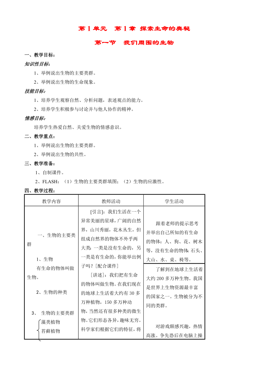 七年级生物上册11我们周围的生物教案苏教版_第1页