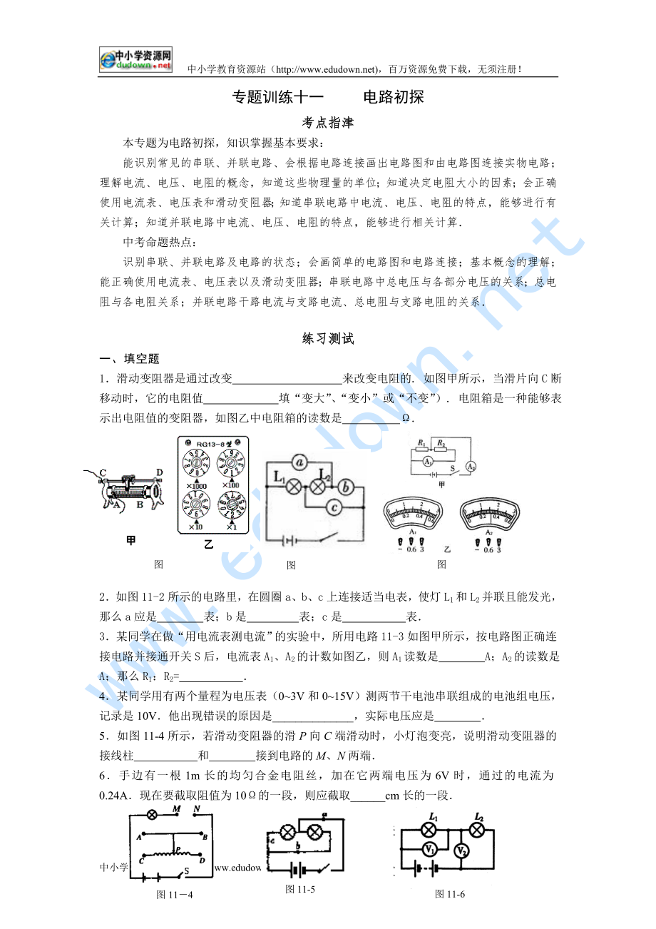 中考指要物理 專題訓(xùn)練十一 電路初探_第1頁(yè)