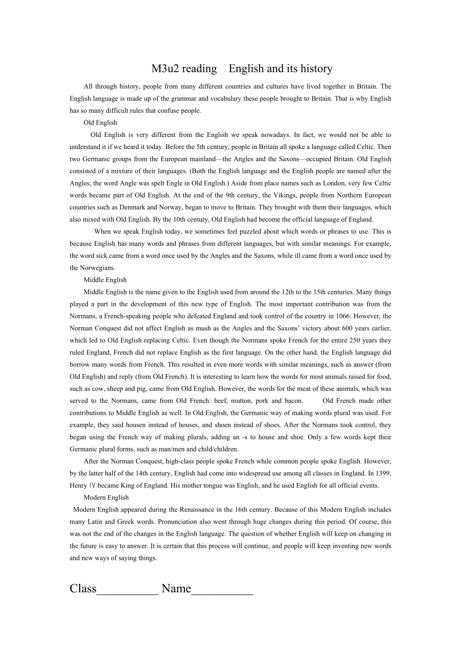 M3u2 readingEnglish and its history全文_第1页